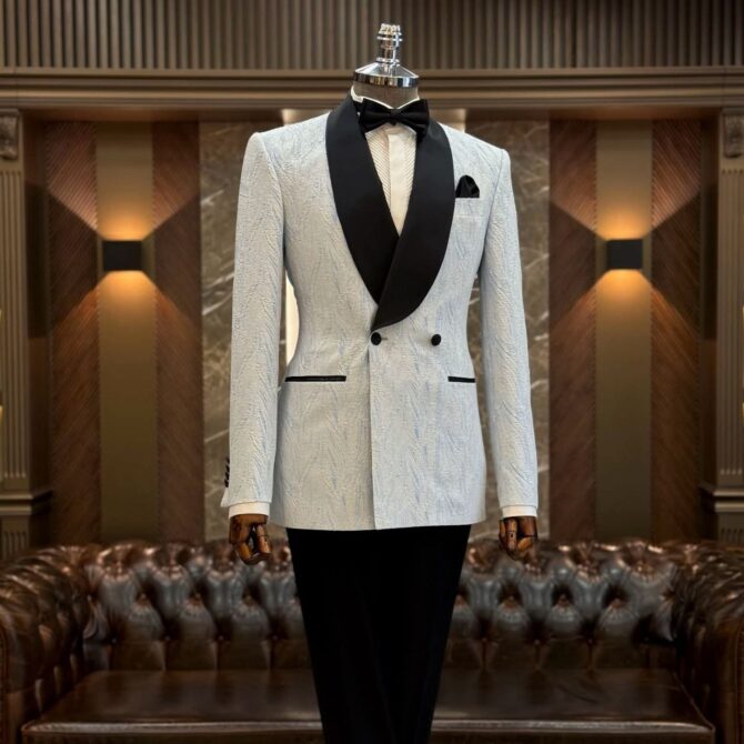 Men’s Premium Formal Tuxedo – White Patterned Blazer with Black Satin Shawl Lapel | Berlinaf