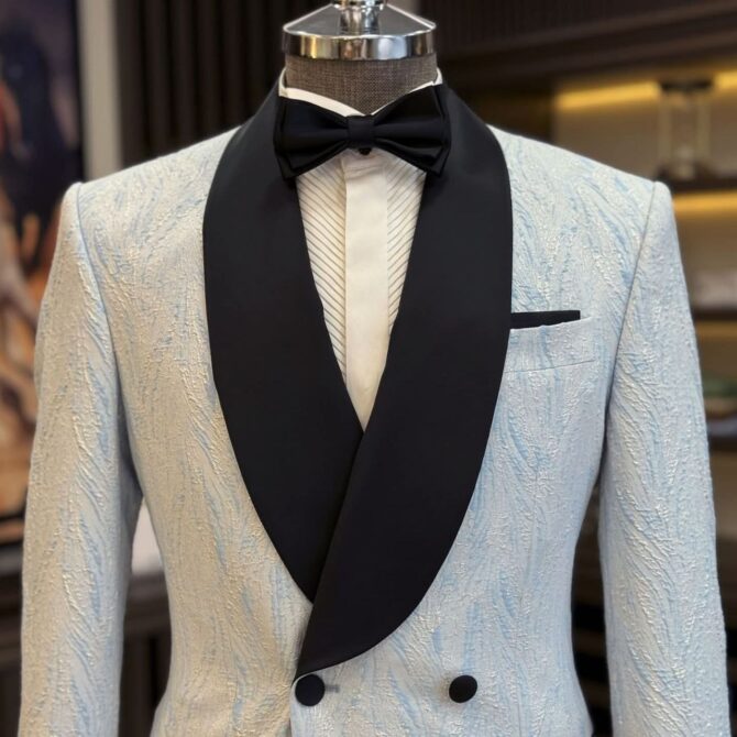Men’s Premium Formal Tuxedo – White Patterned Blazer with Black Satin Shawl Lapel | Berlinaf