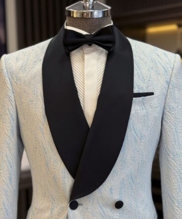 Men’s Premium Formal Tuxedo – White Patterned Blazer with Black Satin Shawl Lapel | Berlinaf