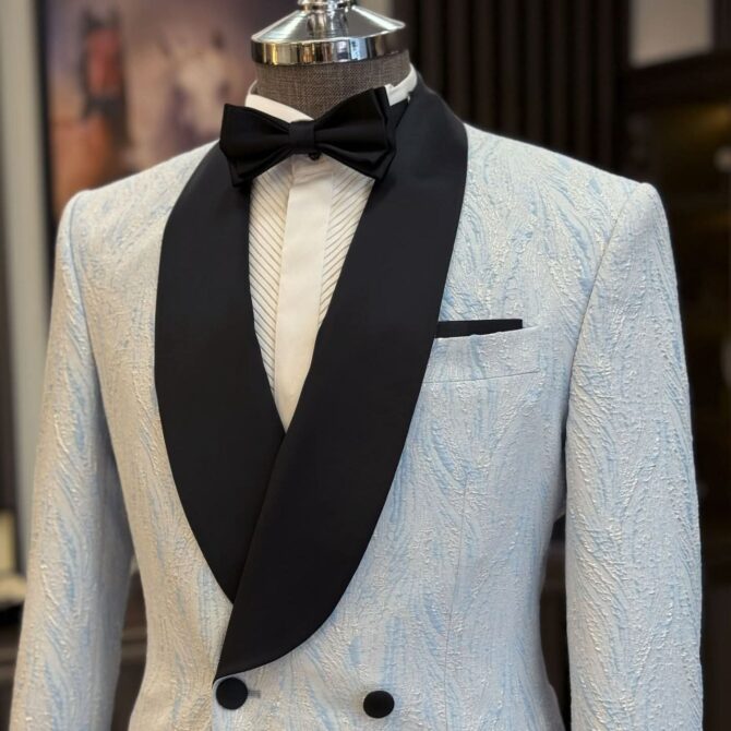 Men’s Premium Formal Tuxedo – White Patterned Blazer with Black Satin Shawl Lapel | Berlinaf