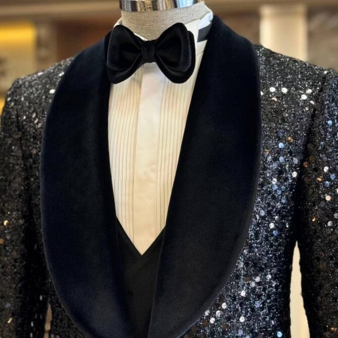 Men’s Luxury Sequin Black Tuxedo – Premium Party & Evening Wear with Satin Shawl Collar | Berlinaf