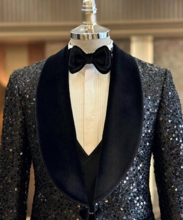 Men’s Luxury Sequin Black Tuxedo – Premium Party & Evening Wear with Satin Shawl Collar | Berlinaf