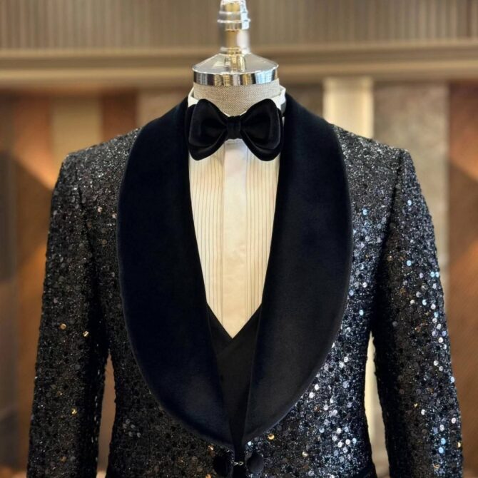 Men’s Luxury Sequin Black Tuxedo – Premium Party & Evening Wear with Satin Shawl Collar | Berlinaf