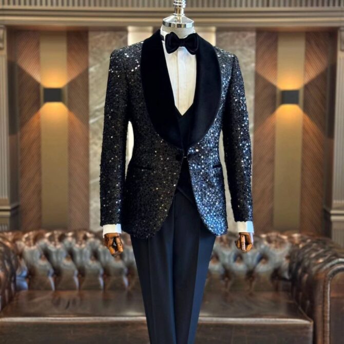 Men’s Luxury Sequin Black Tuxedo – Premium Party & Evening Wear with Satin Shawl Collar | Berlinaf