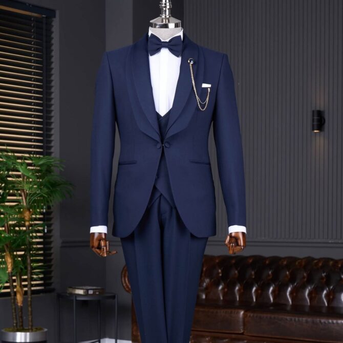 Men’s Navy Blue 3-Piece Tuxedo with Satin Shawl Lapel & Chain Pin – Luxury Formal Suit | Berlinaf
