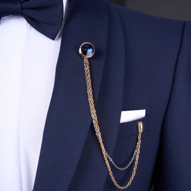 Men’s Navy Blue 3-Piece Tuxedo with Satin Shawl Lapel & Chain Pin – Luxury Formal Suit | Berlinaf