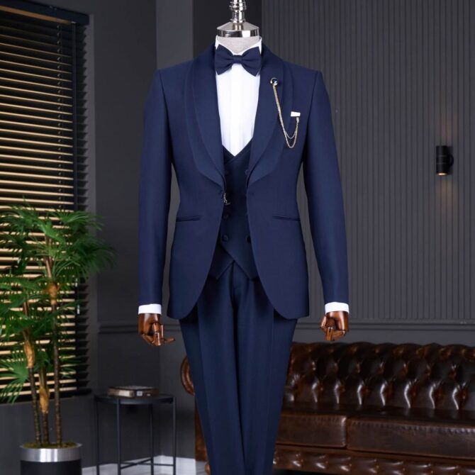Men’s Navy Blue 3-Piece Tuxedo with Satin Shawl Lapel & Chain Pin – Luxury Formal Suit | Berlinaf