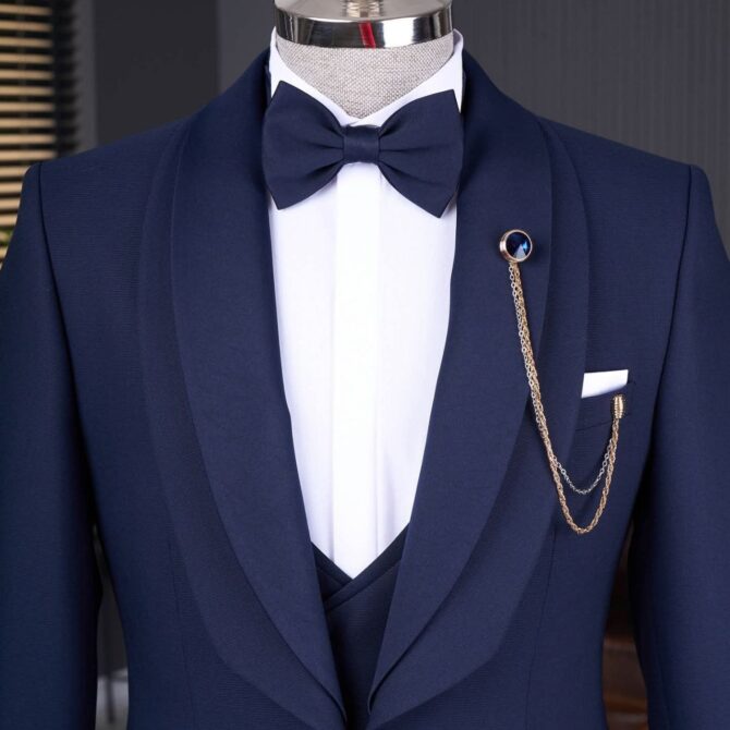 Men’s Navy Blue 3-Piece Tuxedo with Satin Shawl Lapel & Chain Pin – Luxury Formal Suit | Berlinaf
