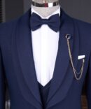 Men’s Navy Blue 3-Piece Tuxedo with Satin Shawl Lapel & Chain Pin – Luxury Formal Suit | Berlinaf