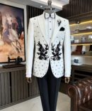 Men’s White Embroidered Tuxedo with Black Beaded Detailing – Luxury Wedding & Formal Suit | Berlinaf