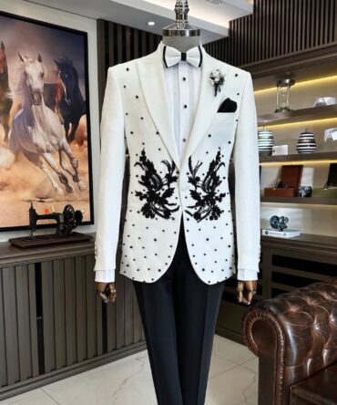 Men’s White Embroidered Tuxedo with Black Beaded Detailing – Luxury Wedding & Formal Suit | Berlinaf