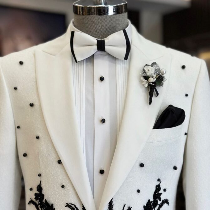 Men’s White Embroidered Tuxedo with Black Beaded Detailing – Luxury Wedding & Formal Suit | Berlinaf
