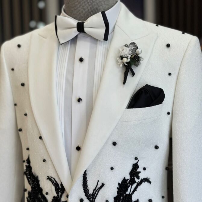 Men’s White Embroidered Tuxedo with Black Beaded Detailing – Luxury Wedding & Formal Suit | Berlinaf