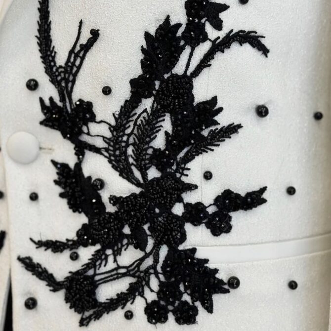 Men’s White Embroidered Tuxedo with Black Beaded Detailing – Luxury Wedding & Formal Suit | Berlinaf