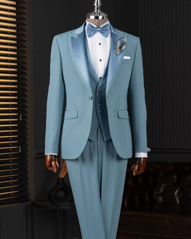 Luxury Sky Blue 3-Piece Tuxedo for Men – Slim Fit Wedding & Formal Suit | Berlinaf