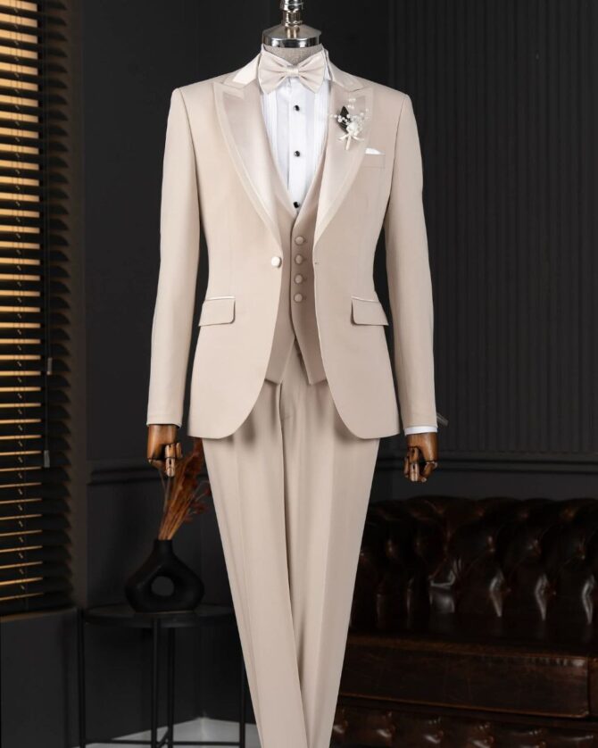 Elegant Beige Tuxedo with Satin Lapel & Matching Bow Tie – Premium Formalwear | Berlinaf.com