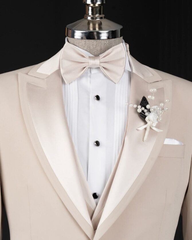Elegant Beige Tuxedo with Satin Lapel & Matching Bow Tie – Premium Formalwear | Berlinaf.com