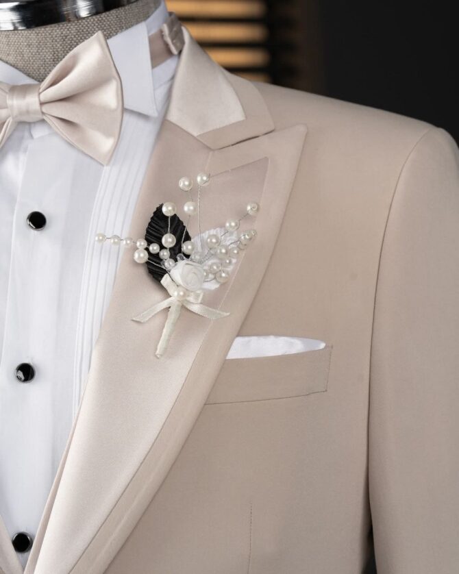 Elegant Beige Tuxedo with Satin Lapel & Matching Bow Tie – Premium Formalwear | Berlinaf.com