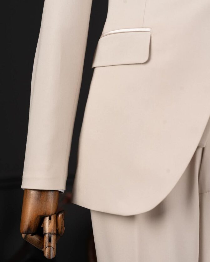 Elegant Beige Tuxedo with Satin Lapel & Matching Bow Tie – Premium Formalwear | Berlinaf.com