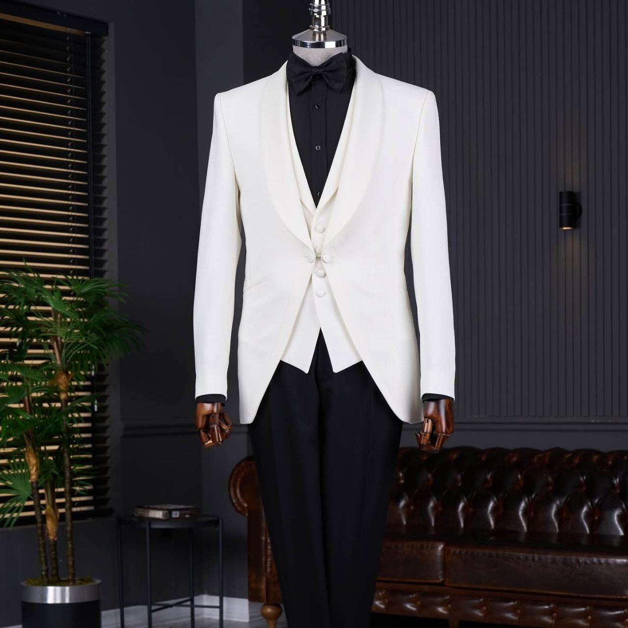 White Groom Tuxedo with Shawl Lapel and Black Contrast Shirt – Luxury Wedding Suit by BERLINAF