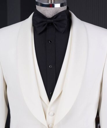 White Groom Tuxedo with Shawl Lapel and Black Contrast Shirt – Luxury Wedding Suit by BERLINAF
