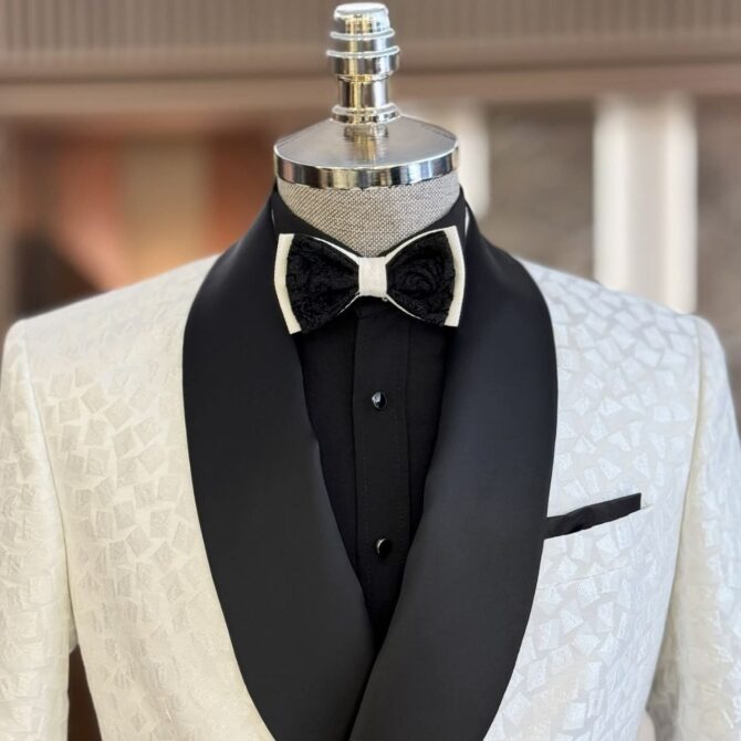 White Textured Tuxedo with Black Satin Shawl Lapel – Berlinaf Double-Breasted Men’s Formal Suit for Weddings & Luxury Events