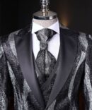 Black & Silver Metallic Patterned Tuxedo with Satin Shawl Lapel – Berlinaf Men’s Three-Piece Luxury Suit for Weddings & Events