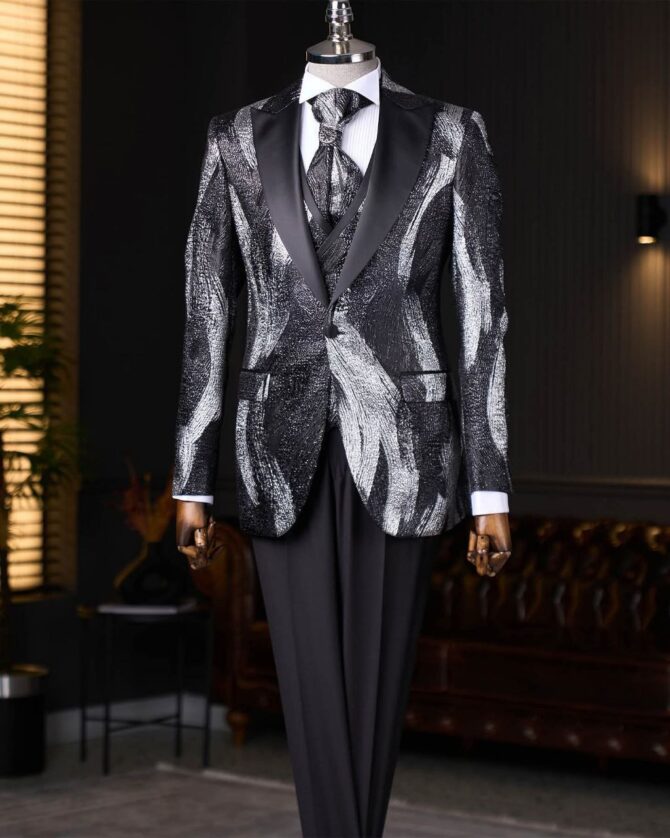 Black & Silver Metallic Patterned Tuxedo with Satin Shawl Lapel – Berlinaf Men’s Three-Piece Luxury Suit for Weddings & Events