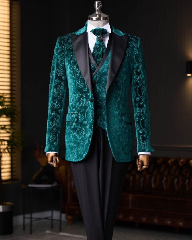 Emerald Green Floral Velvet Tuxedo with Black Satin Shawl Lapel – Berlinaf Luxury Men’s Three-Piece Formal Suit