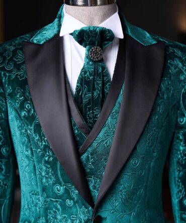Emerald Green Floral Velvet Tuxedo with Black Satin Shawl Lapel – Berlinaf Luxury Men’s Three-Piece Formal Suit