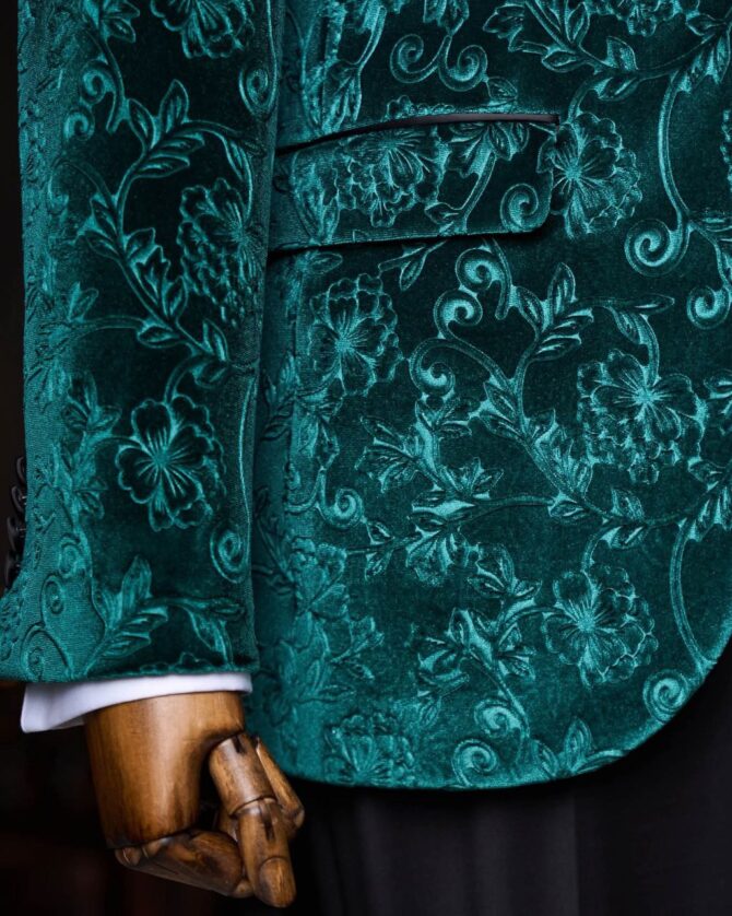 Emerald Green Floral Velvet Tuxedo with Black Satin Shawl Lapel – Berlinaf Luxury Men’s Three-Piece Formal Suit