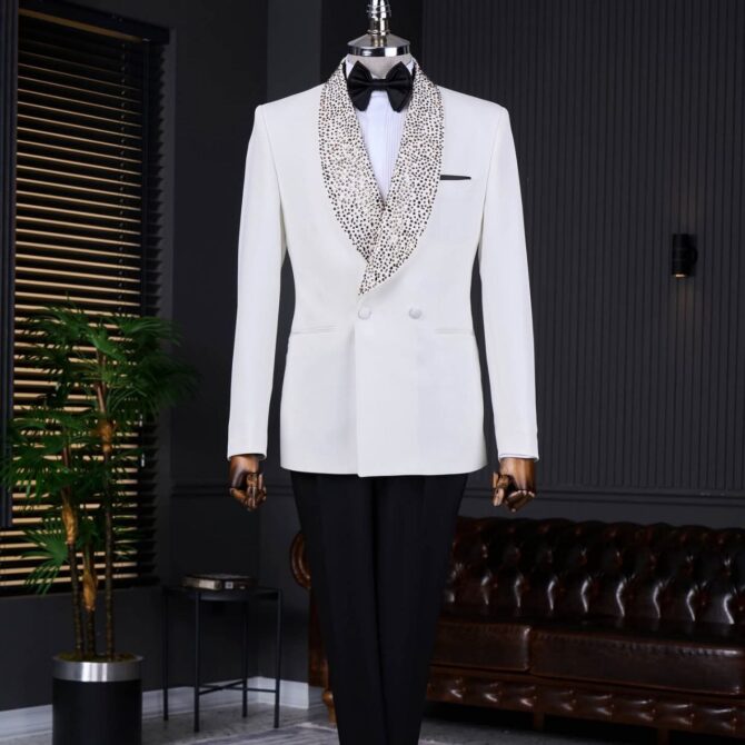 Luxury White Tuxedo with Black Crystal Shawl Lapel – Berlinaf Men’s Formal Suit