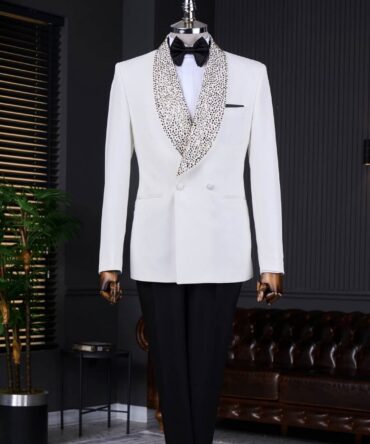 Luxury White Tuxedo with Black Crystal Shawl Lapel – Berlinaf Men’s Formal Suit