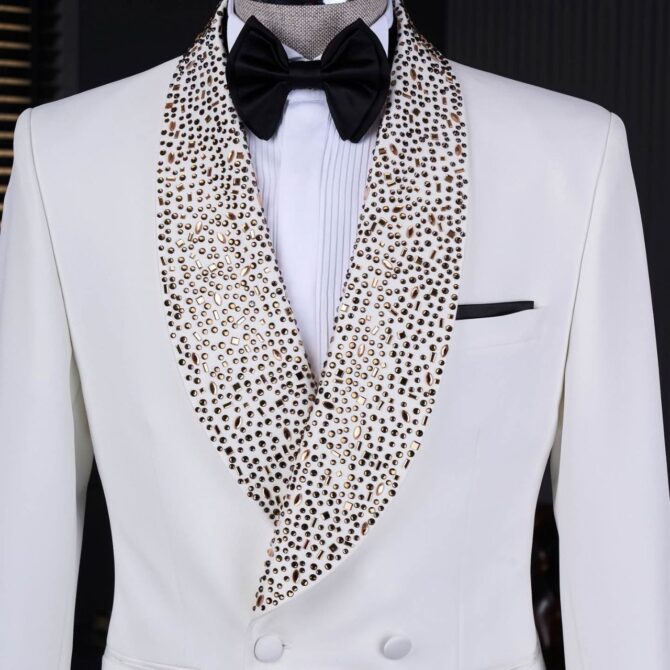 Luxury White Tuxedo with Black Crystal Shawl Lapel – Berlinaf Men’s Formal Suit