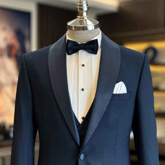 Navy Blue Tuxedo with Satin Shawl Lapel & Black Bow Tie – Classic Three-Piece Suit by BERLINAF
