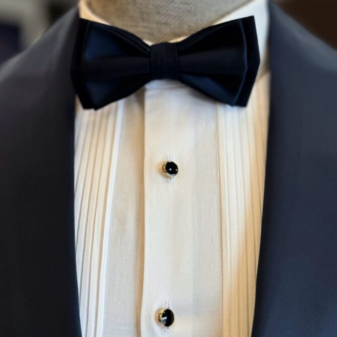 Navy Blue Tuxedo with Satin Shawl Lapel & Black Bow Tie – Classic Three-Piece Suit by BERLINAF