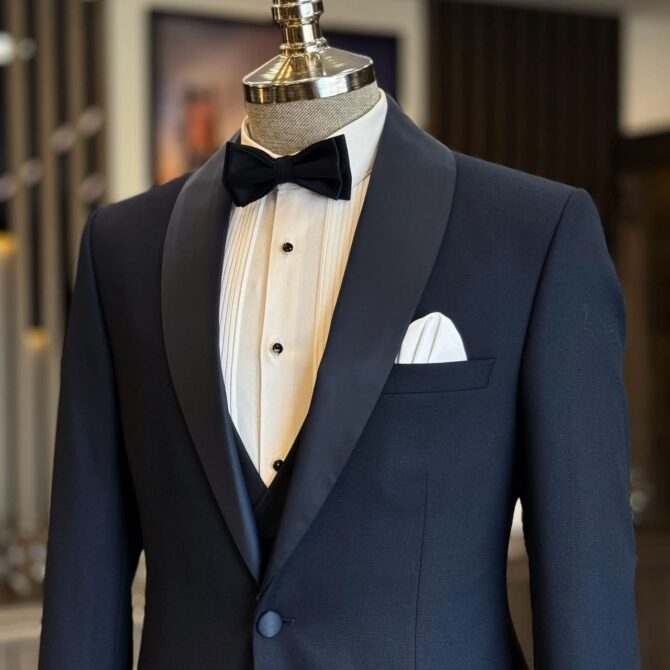 Navy Blue Tuxedo with Satin Shawl Lapel & Black Bow Tie – Classic Three-Piece Suit by BERLINAF