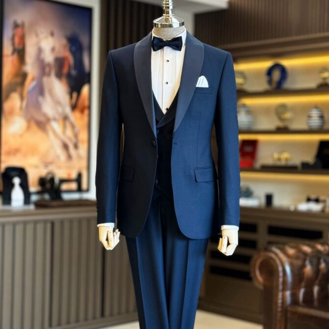 Navy Blue Tuxedo with Satin Shawl Lapel & Black Bow Tie – Classic Three-Piece Suit by BERLINAF