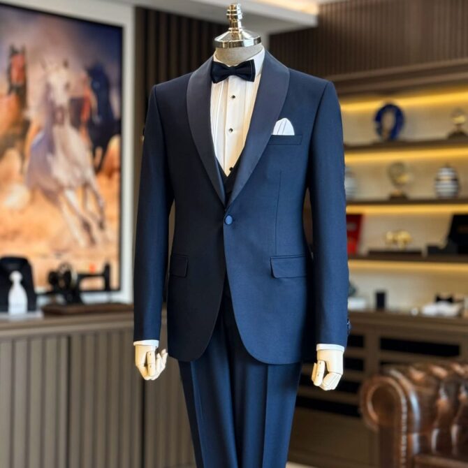 Navy Blue Tuxedo with Satin Shawl Lapel & Black Bow Tie – Classic Three-Piece Suit by BERLINAF