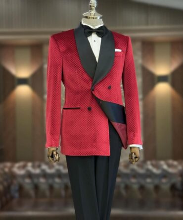 Men’s Red Velvet Tuxedo with Black Satin Shawl Lapel – Luxury Formal Dinner Jacket | Berlinaf