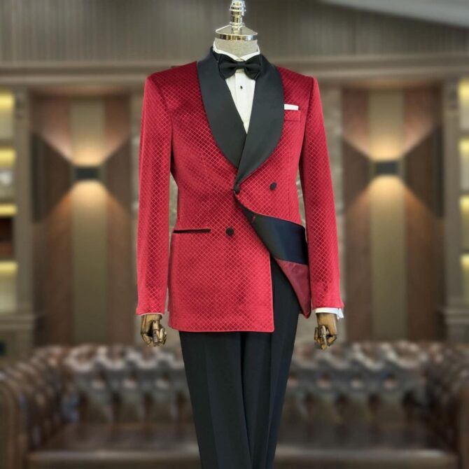 Men’s Red Velvet Tuxedo with Black Satin Shawl Lapel – Luxury Formal Dinner Jacket | Berlinaf