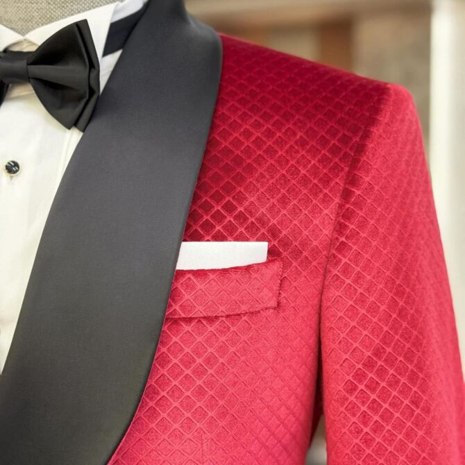 Men’s Red Velvet Tuxedo with Black Satin Shawl Lapel – Luxury Formal Dinner Jacket | Berlinaf