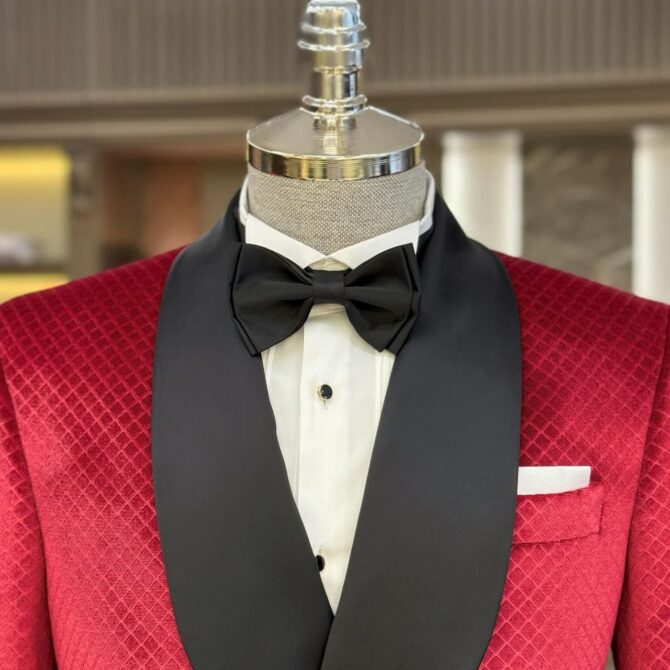 Men’s Red Velvet Tuxedo with Black Satin Shawl Lapel – Luxury Formal Dinner Jacket | Berlinaf