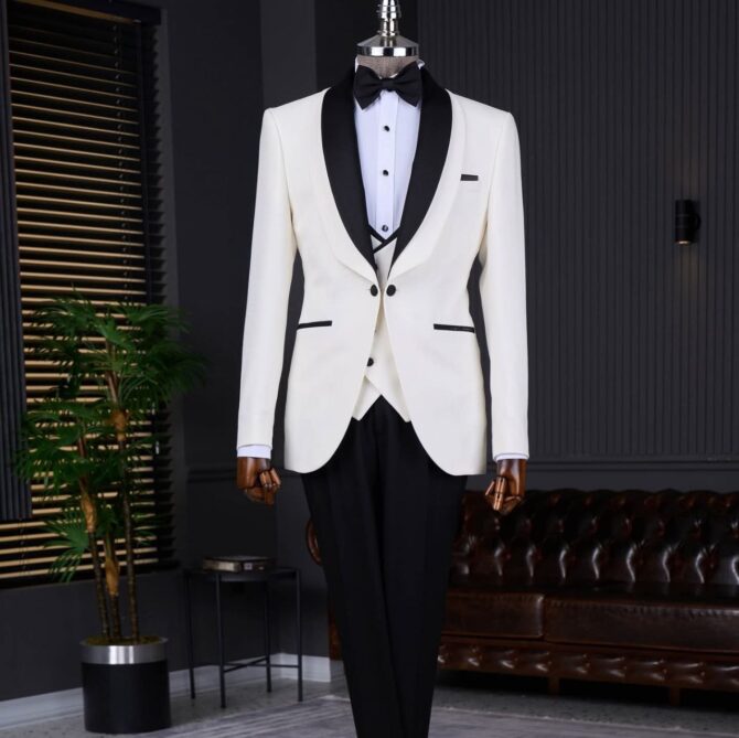 Elegant White Tuxedo with Black Shawl Lapel – Luxury Formalwear for Men
