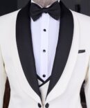 Elegant White Tuxedo with Black Shawl Lapel – Luxury Formalwear for Men