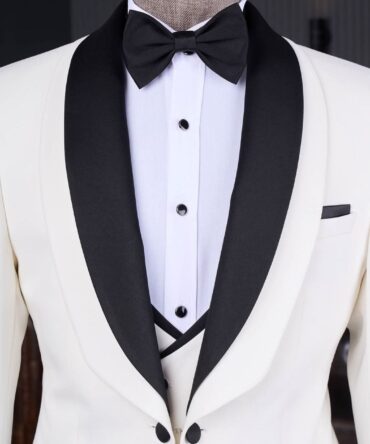 Elegant White Tuxedo with Black Shawl Lapel – Luxury Formalwear for Men