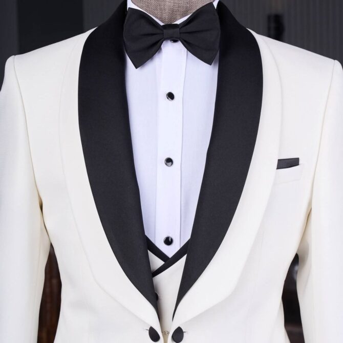 Elegant White Tuxedo with Black Shawl Lapel – Luxury Formalwear for Men