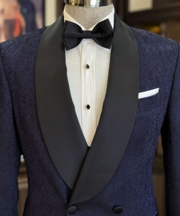 Luxury Men’s Midnight Navy Tuxedo with Black Satin Shawl Lapel – Designer Double-Breasted Formal Suit | Berlinaf