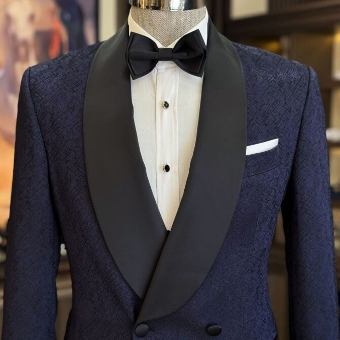 Luxury Men’s Midnight Navy Tuxedo with Black Satin Shawl Lapel – Designer Double-Breasted Formal Suit | Berlinaf