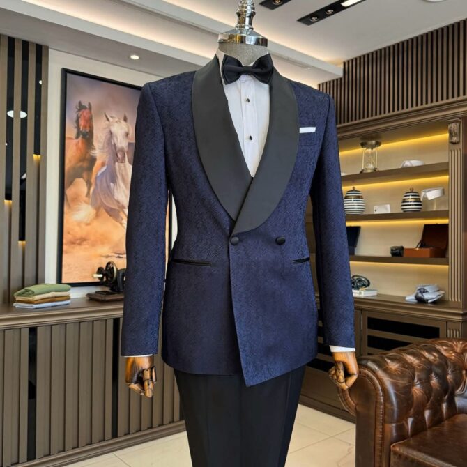 Luxury Men’s Midnight Navy Tuxedo with Black Satin Shawl Lapel – Designer Double-Breasted Formal Suit | Berlinaf
